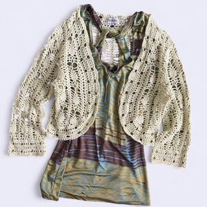 Vintage Pale Green Crochet Cardigan Hampshire Studio M Bolero Style 3/4 Sleeve